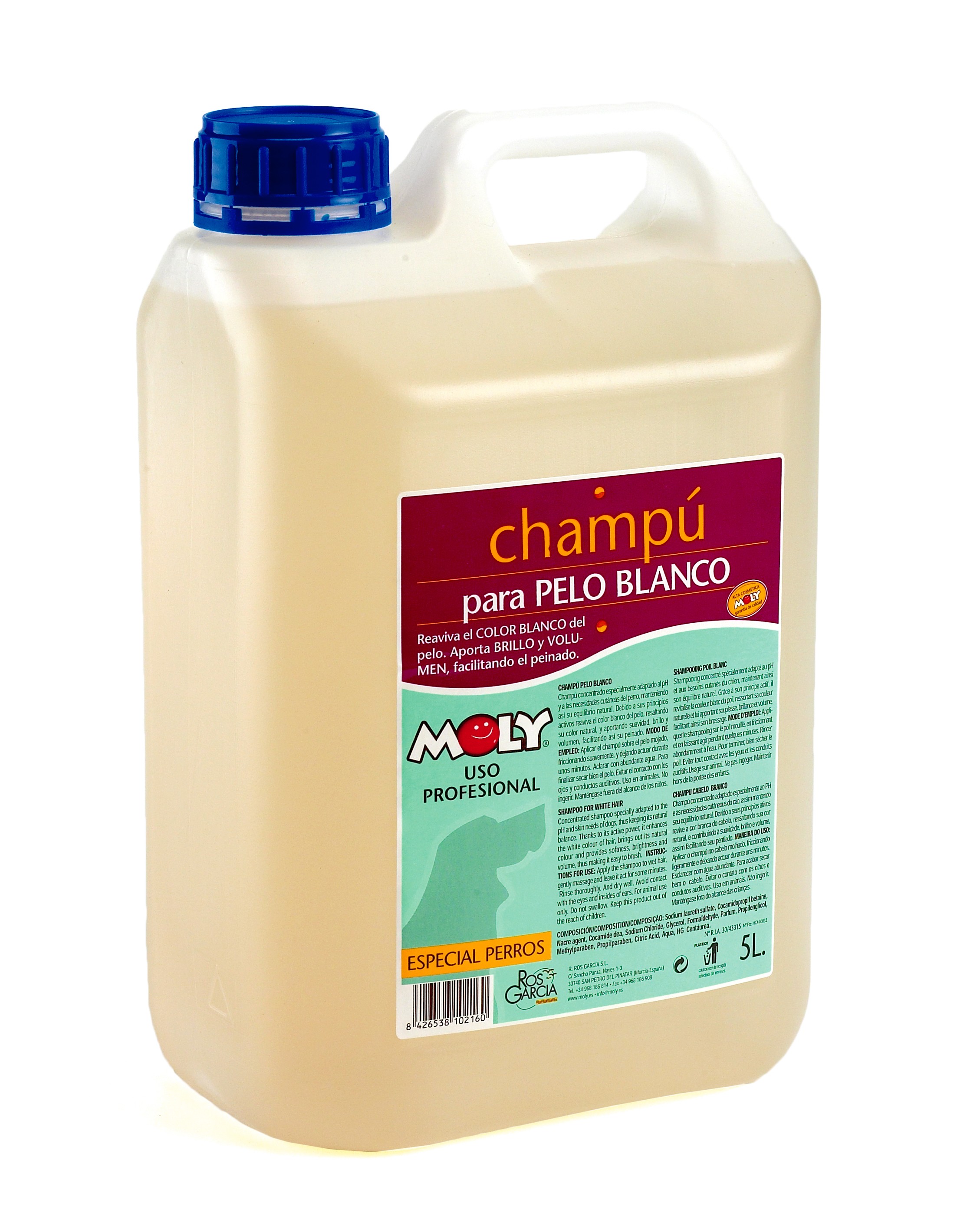 Champú Pelo Blanco Moly 5 L | Ilumina, Desamarilla y Realza el Brillo de Pelajes Claros